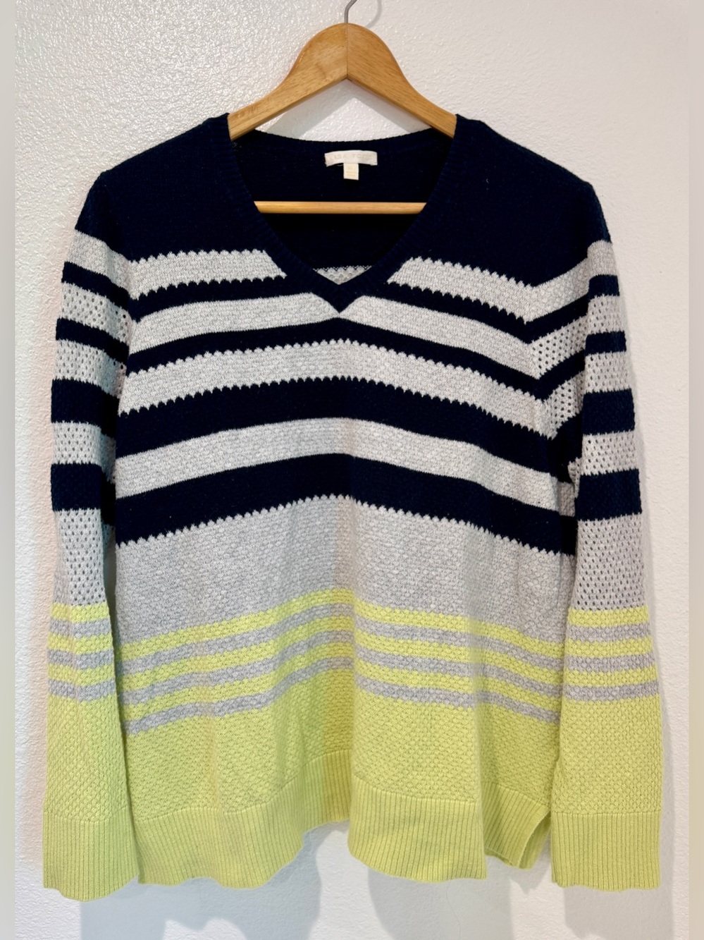 Lisa Todd Striped Colorblock Knit V Neck Pullover Sweater Cashmere Blend XL